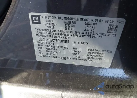 2015 Chevrolet Silverado 1500 2Lt from USA, damaged, VIN 3GCUKREC7FG504567